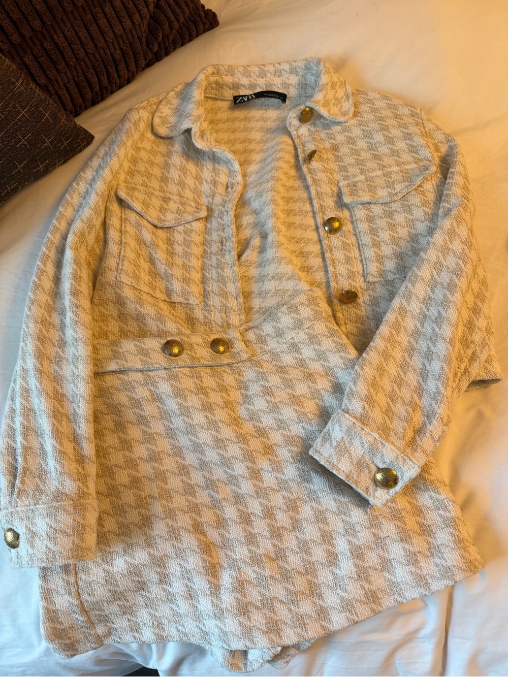 Zara Cream Houndstooth Blazer Jacket with Gold Buttons S and Skurt XS